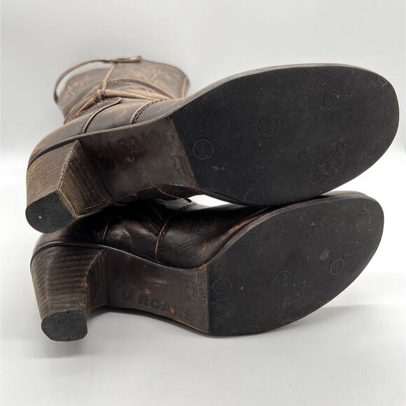 U ROADS Heeled Boots Womens 8 Brown Distressed Leather Knee High Round Toe - Picture 15 of 16